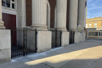 Ornamental metal fencing outside the Hartford Baptist Church