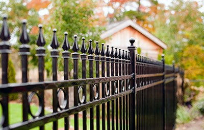 Close-up photo of black, ornamental metal fencing